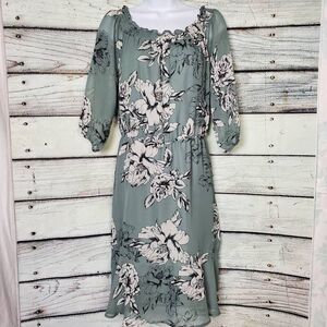 Maurices Green Floral Midi Dress Women’s Size L Smocked Neck 3/4 Sleeve